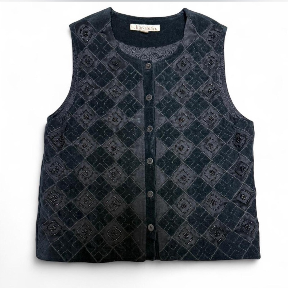 Kar A Van Black Quilted Vest Button Closure women’s western boho indie small